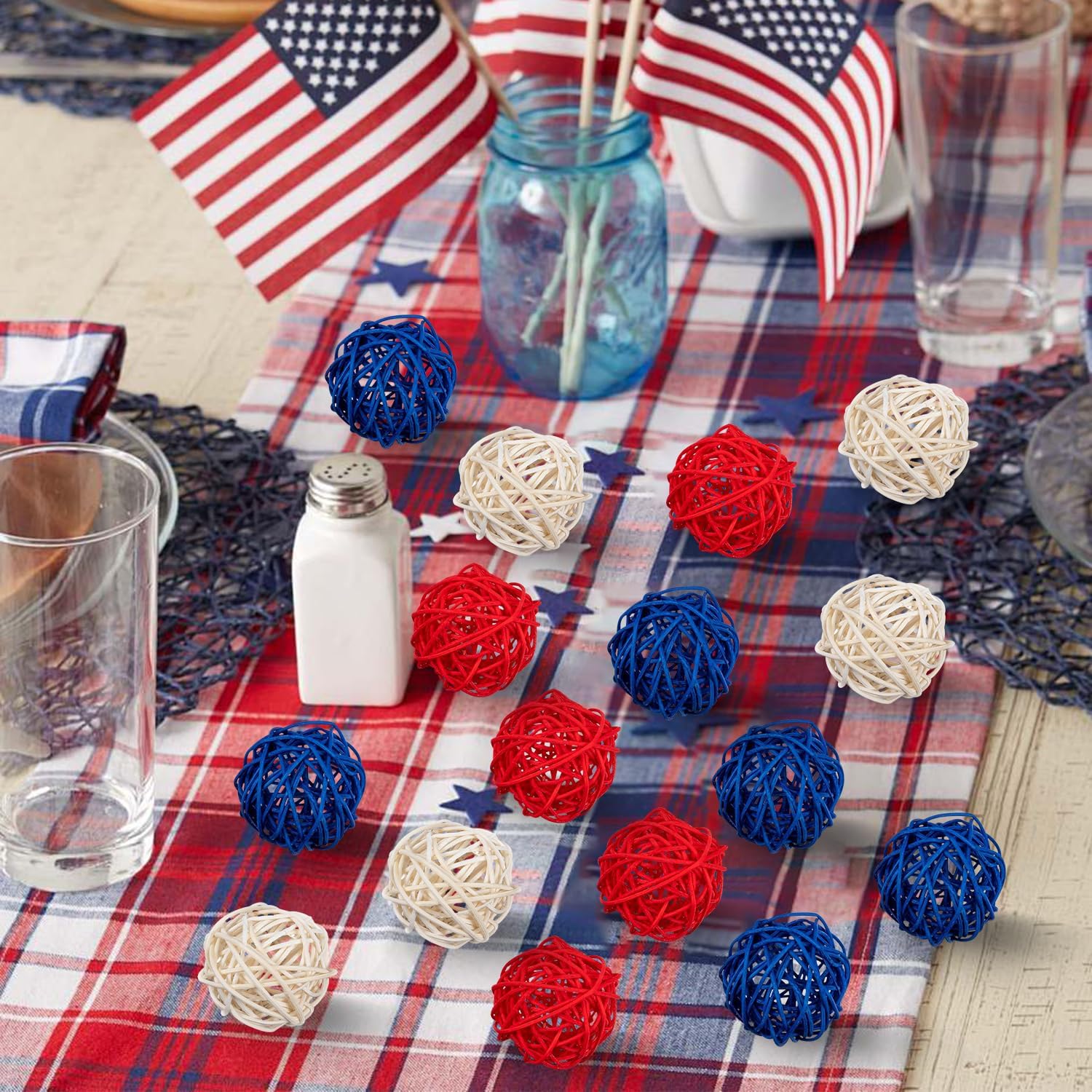 JOYWU 18Pcs 2 Inch Patriotic Rattan Decorative Balls Set for Independence Day Decorations