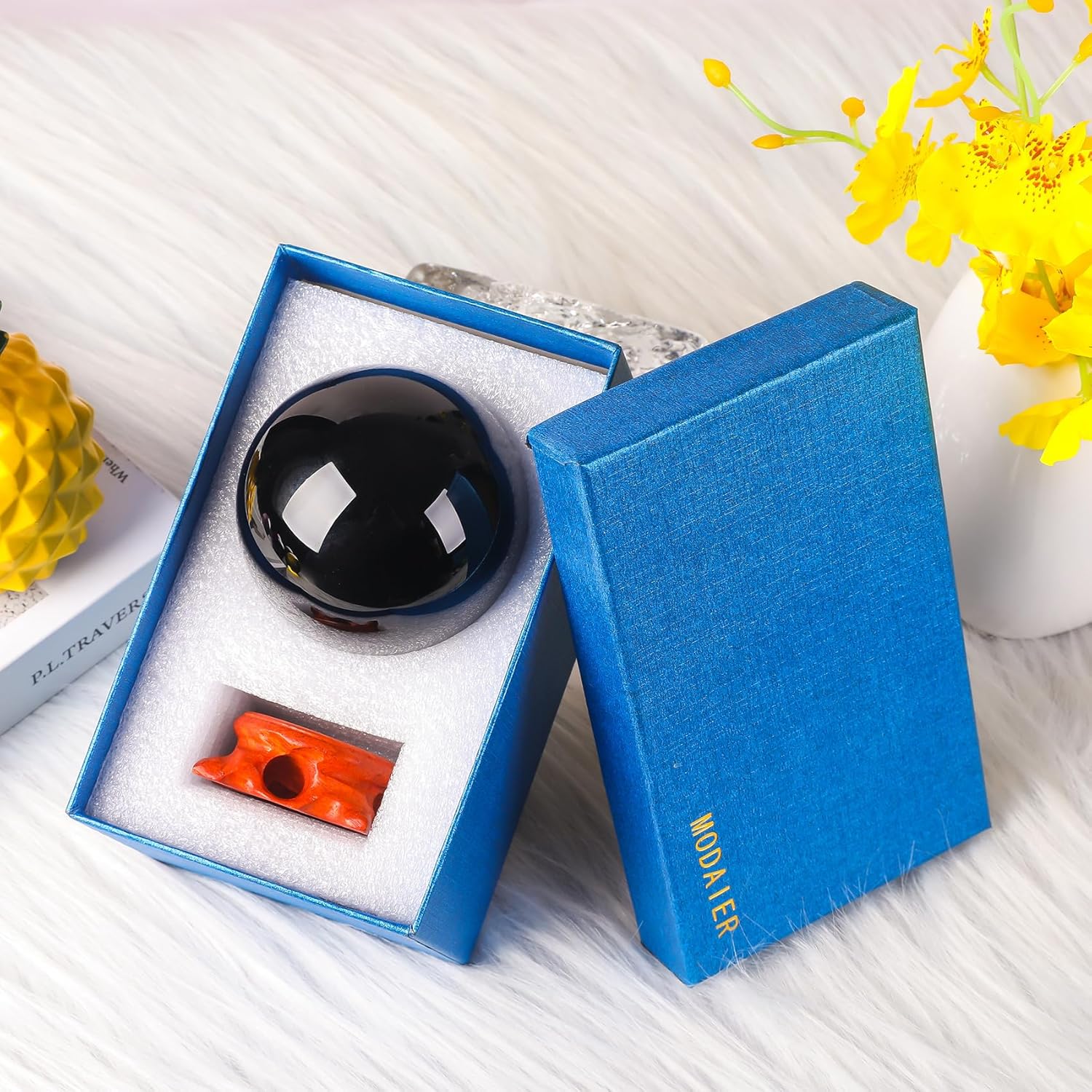Modaier Black Obsidian Crystal Ball 80mm with Rose Wooden Stand and Gift Box