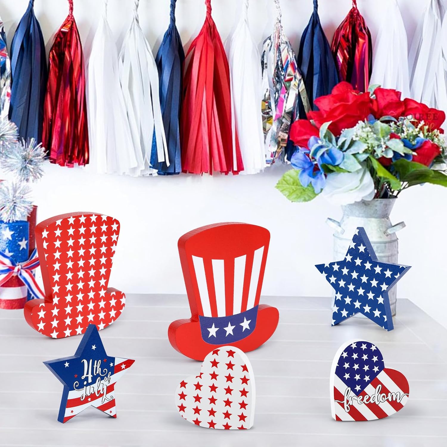 WENMAQIN 4th of July Decor Wooden Star Signs Set 6PCS