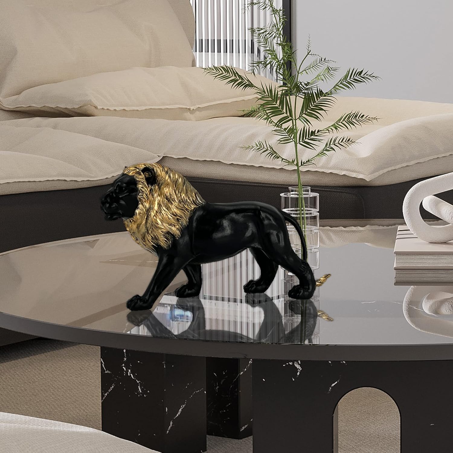 12 Black Gold Lion Statue Handmade Resin Decor