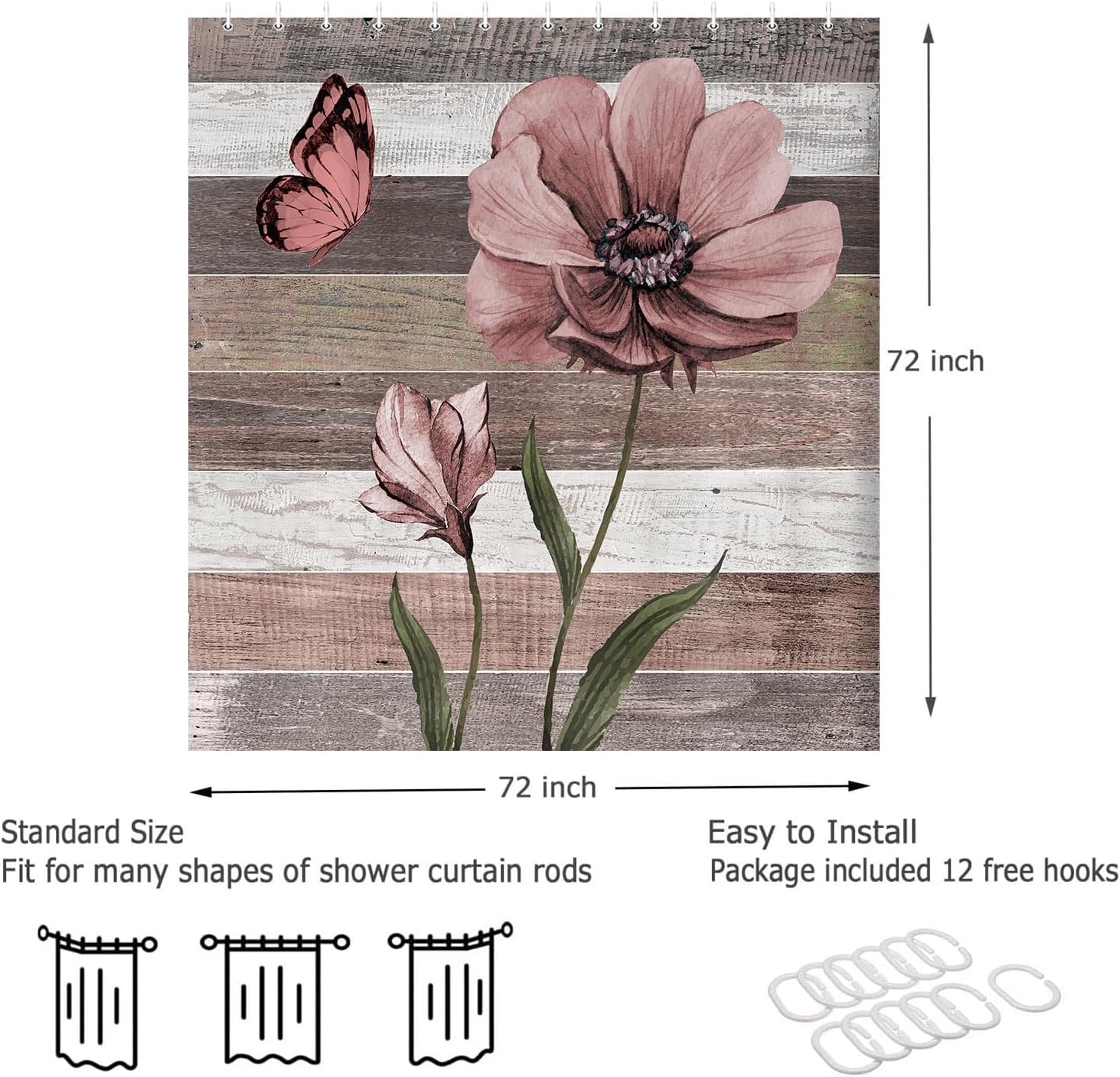 JAWO Teal Floral Shower Curtain Set 72x72 with 12 Hooks