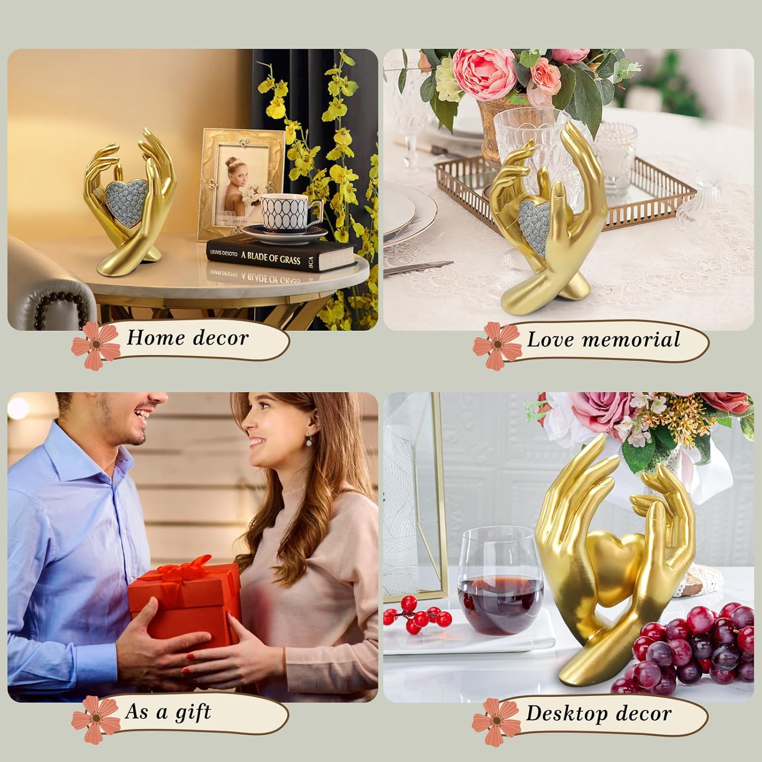 Gold Heart Hands Sculpture for Home Office Bedroom Decor