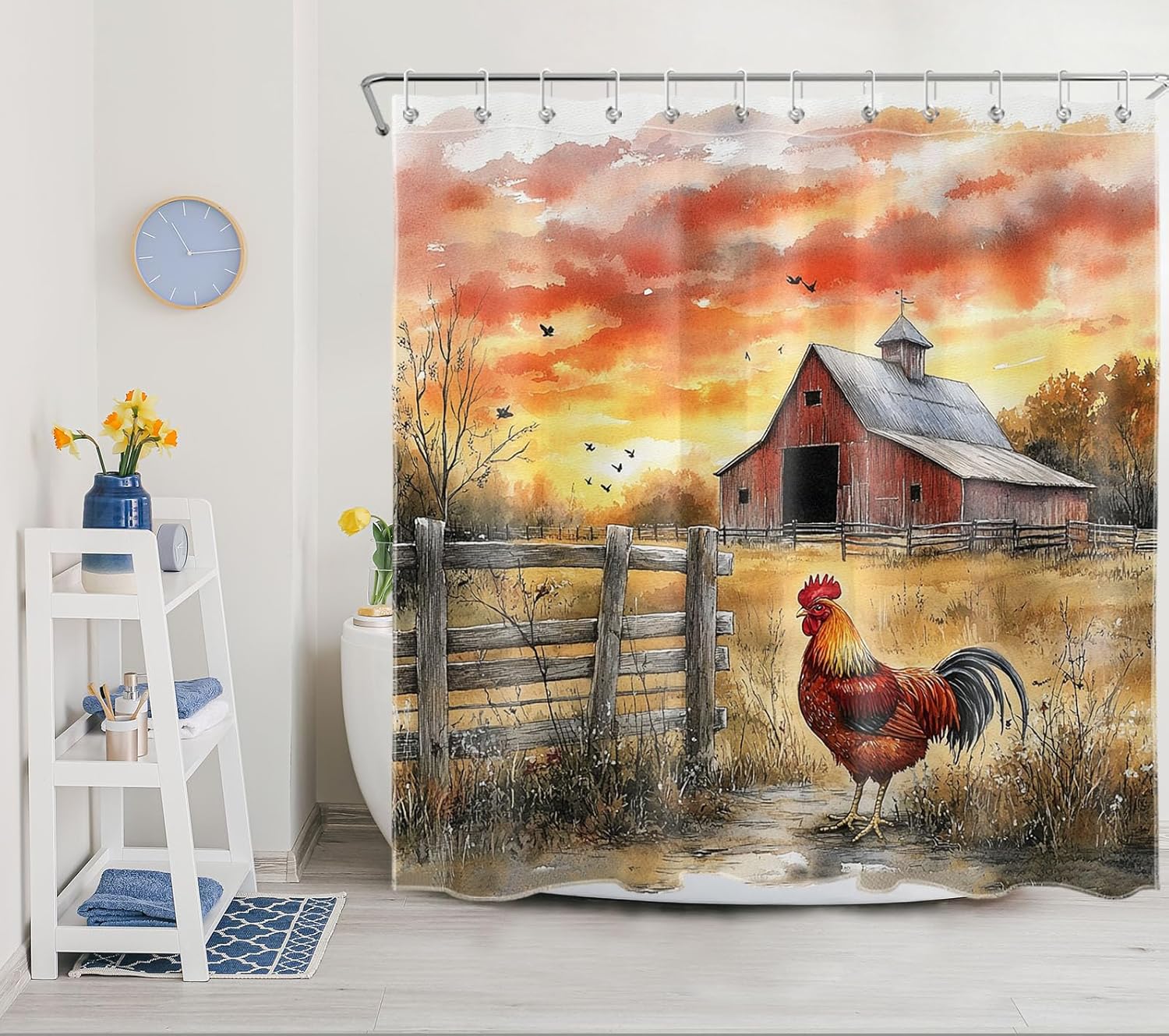 SCECALA Rustic Farm Barn Shower Curtain Red Barn Chicken Wood Fence 70x70 Inch