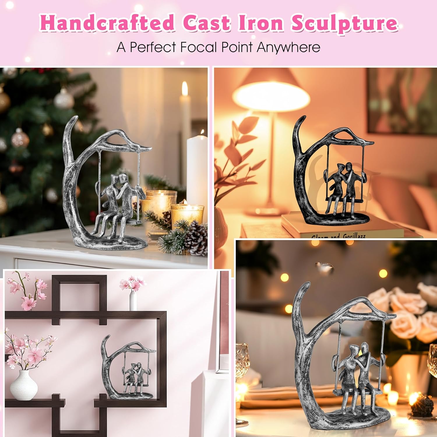 Romantic Couple Statue with Silver Finish Iron Sculpture Pink Love Keepsake Gift Set