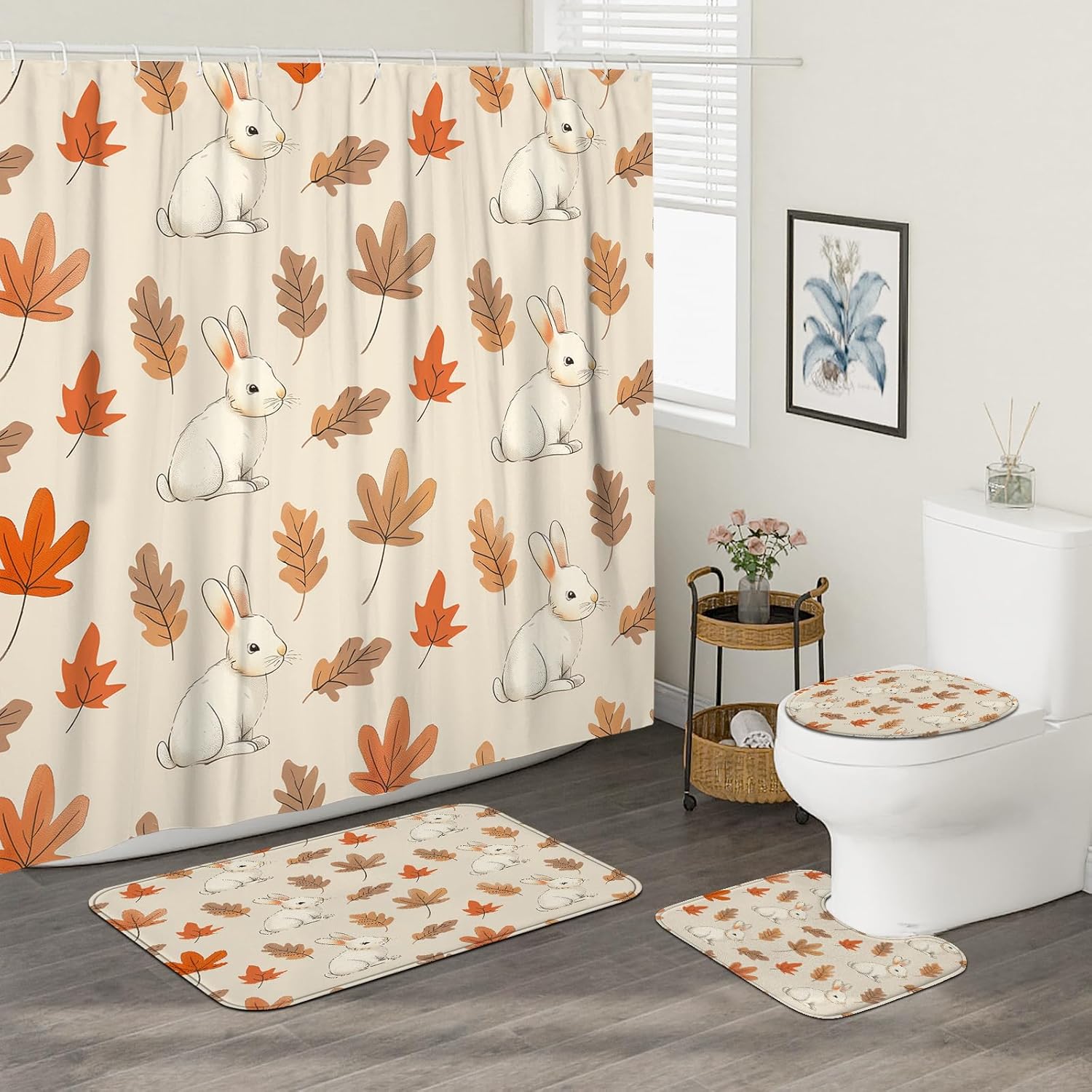 4PCS Fall Cartoon Rabbit Shower Curtain Set with Hooks and Non-Slip Rug