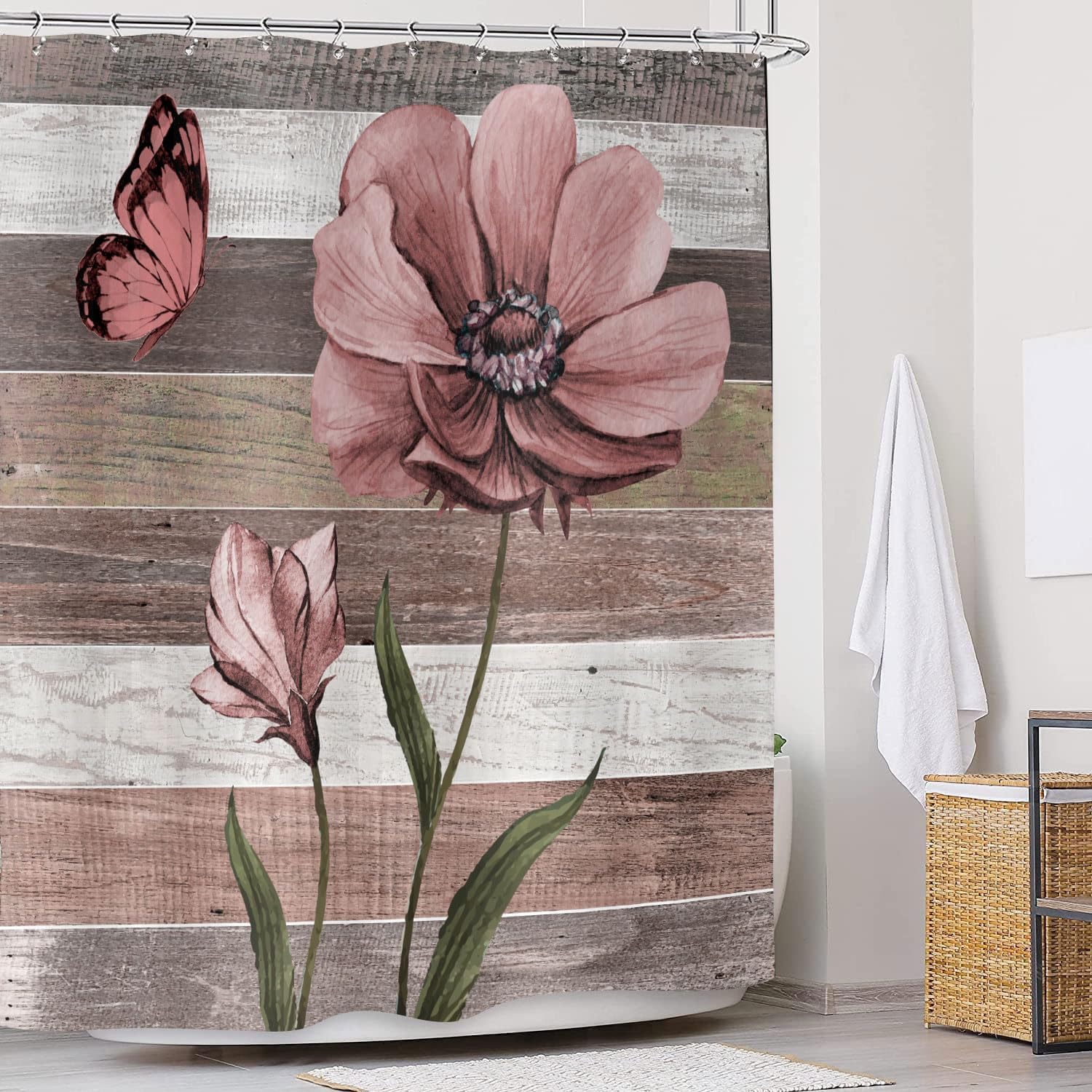 JAWO Teal Floral Shower Curtain Set 72x72 with 12 Hooks