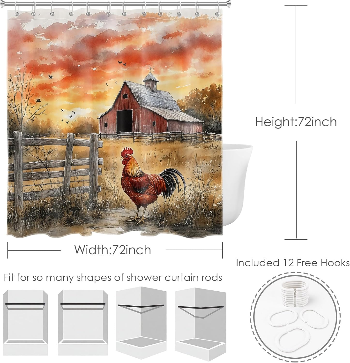 SCECALA Rustic Farm Barn Shower Curtain Red Barn Chicken Wood Fence 70x70 Inch