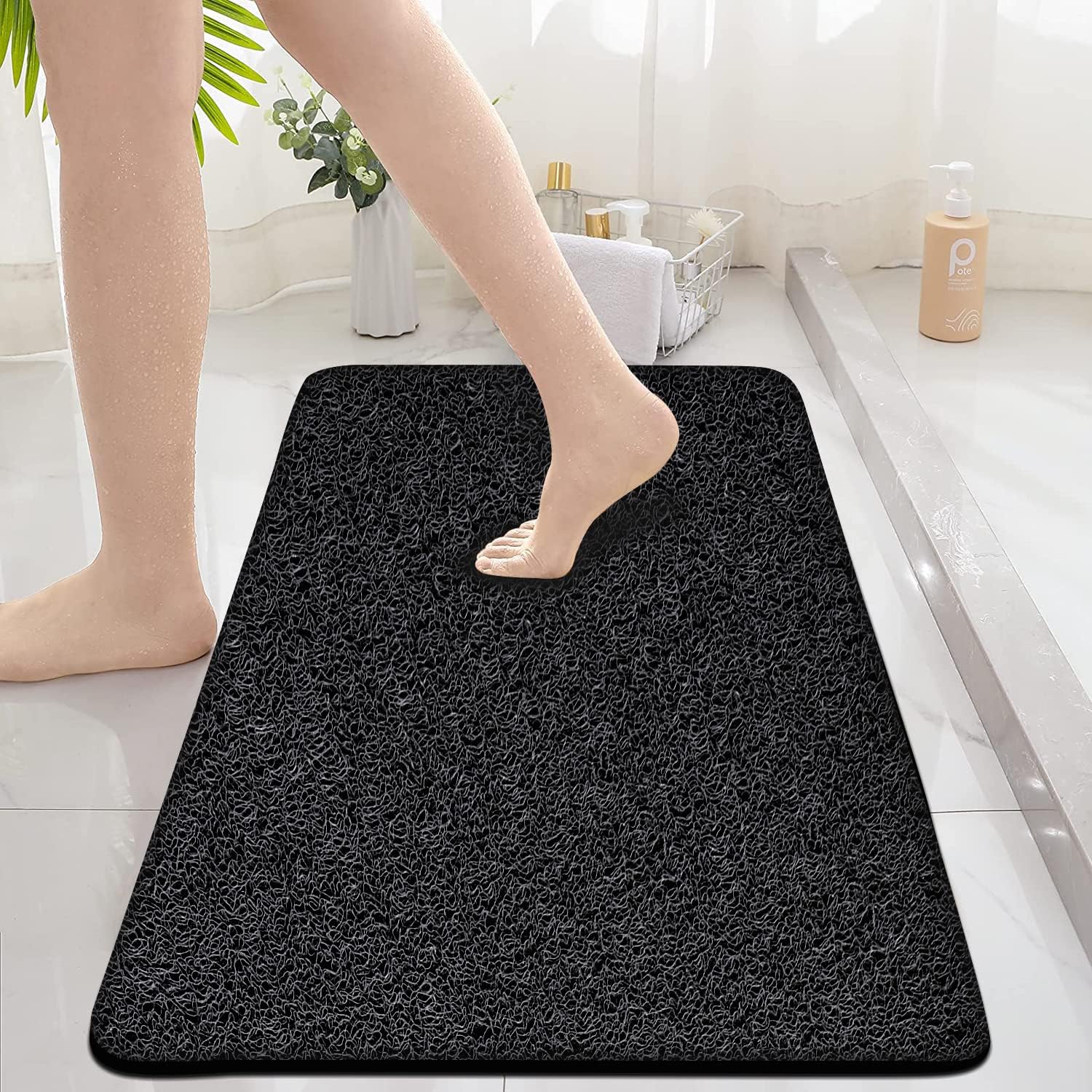 Non-Slip Bathtub Mat 157x36 Inch PVC Loofah Quick Drying Black