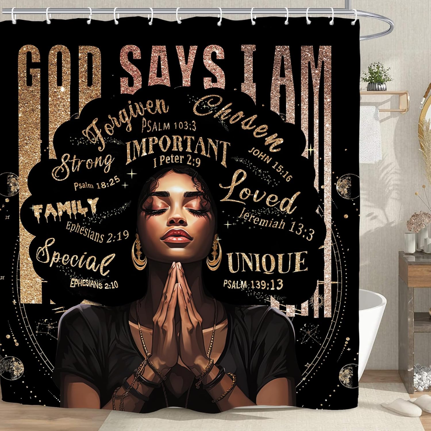 Kalmico African American Shower Curtain Set - Black Bible Quotes Motivational