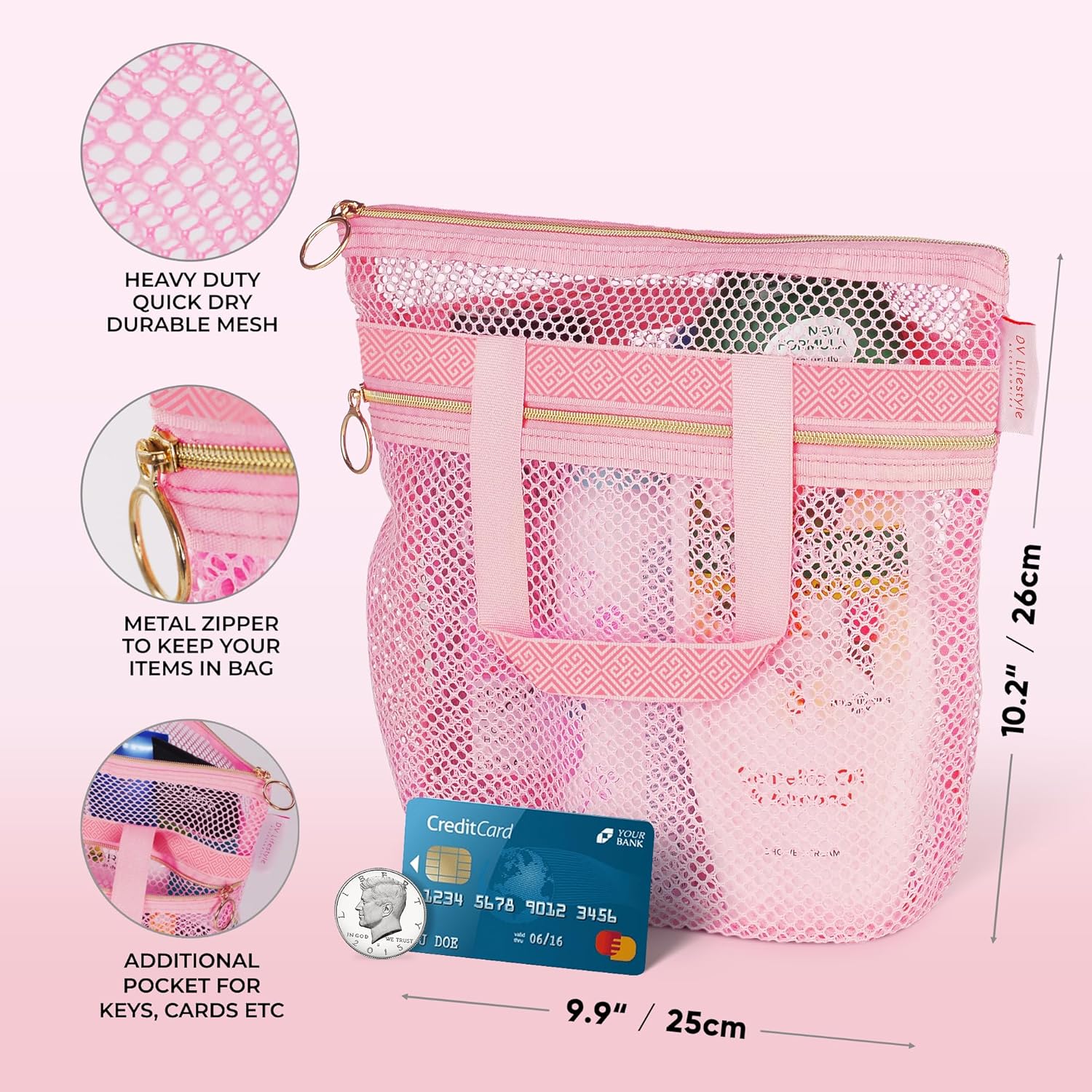 DV Lifestyle Quick-Dry Mesh Shower Bag with Zipper 2 Pockets Pink