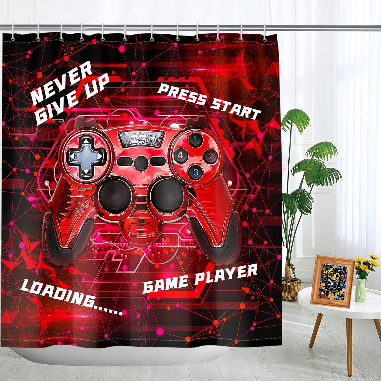 Gaming Shower Curtain for Boys - 60x72 Red Set with 12 Hooks