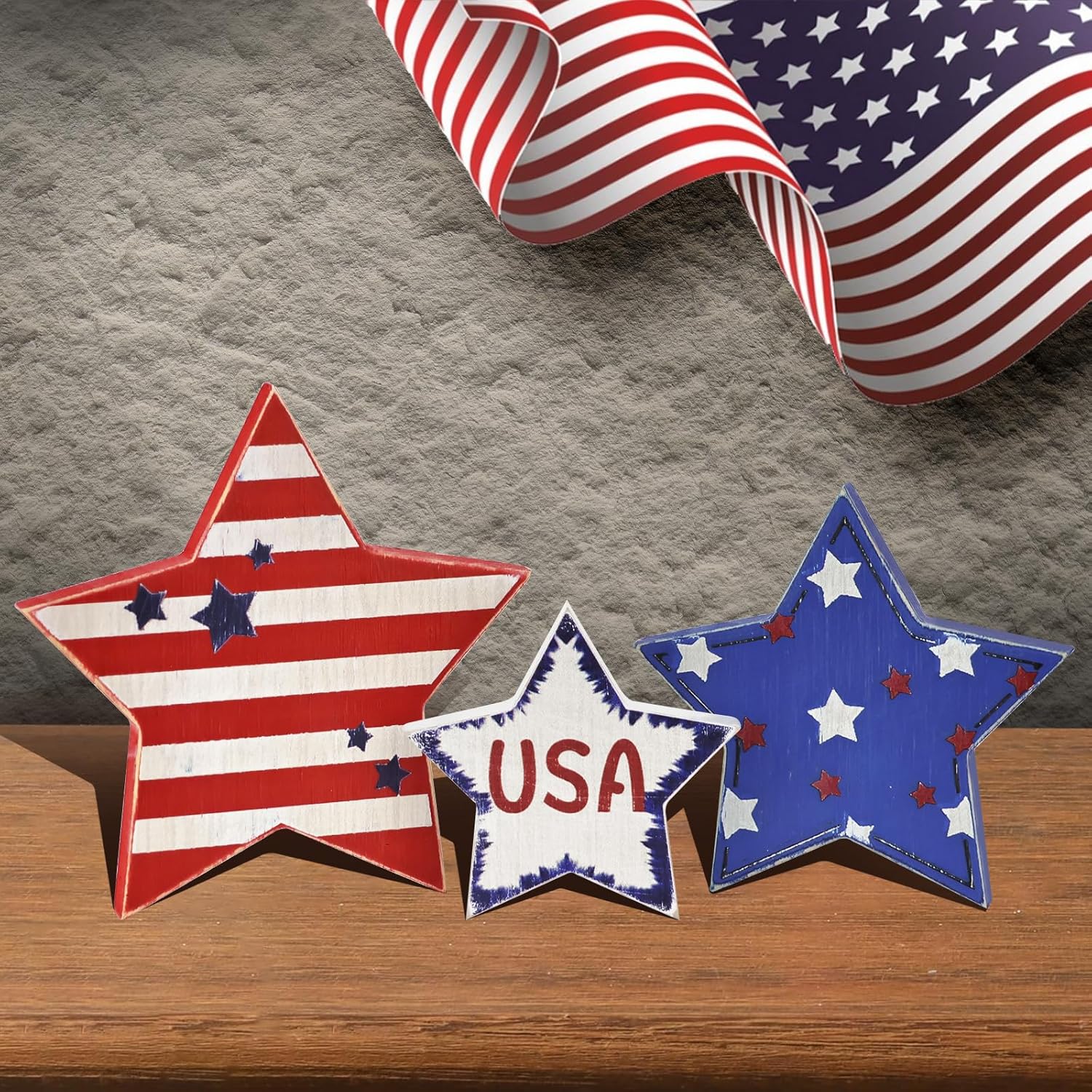PICTTY 4th of July Stars Decor 3PC Wooden Set
