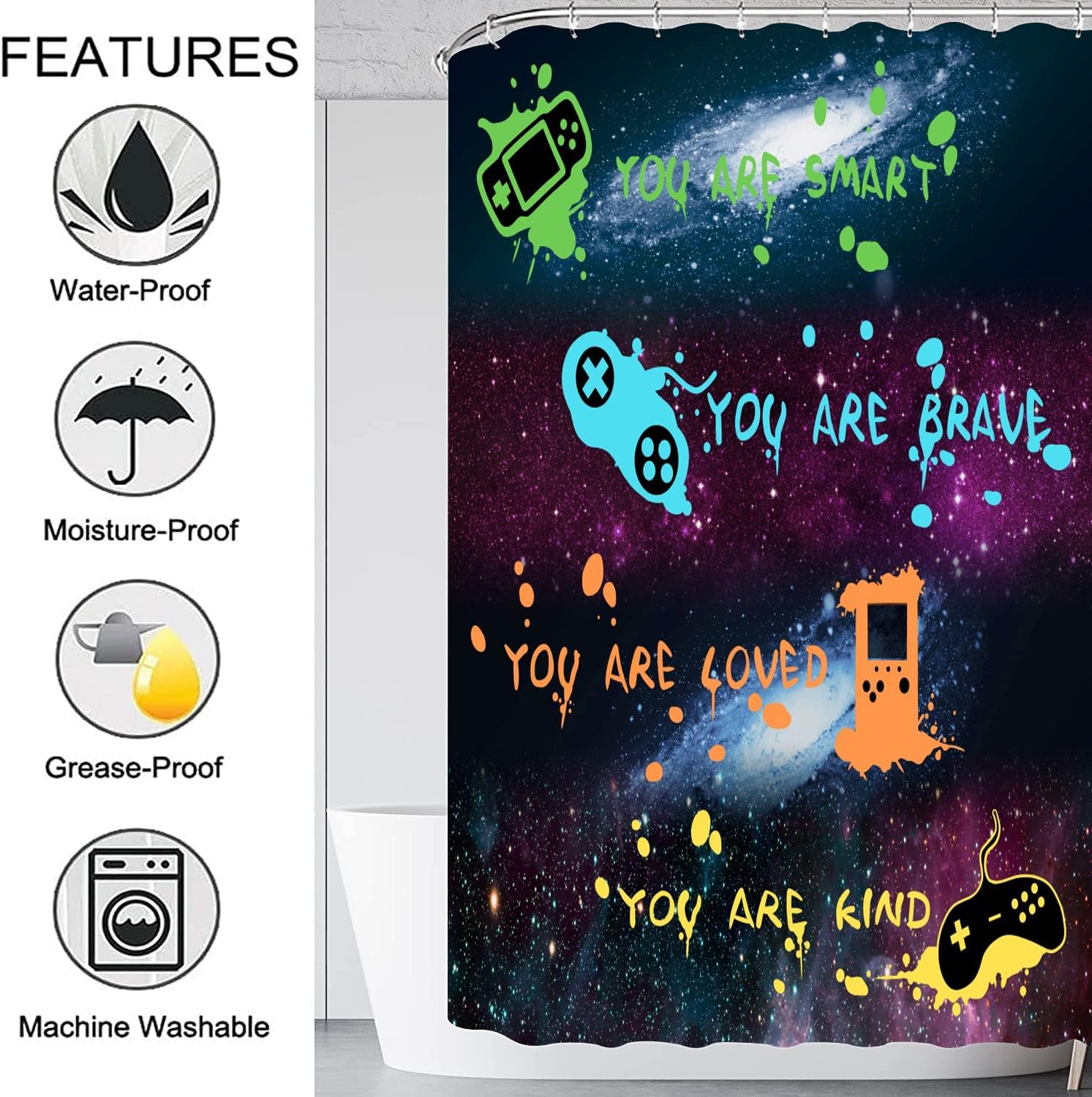 ALEXEX 4 PCS Star Outer Space Kids Shower Curtain Set with 12 Hooks