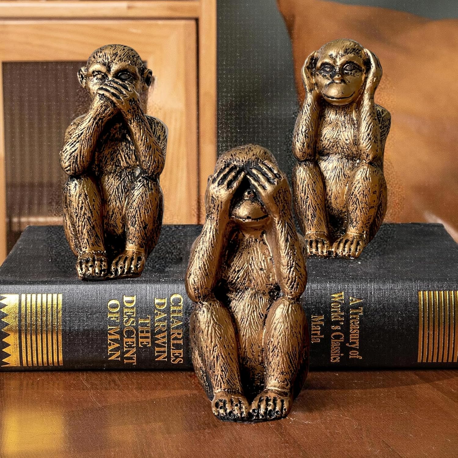 3 Wise Monkeys Statue Set - Resin Bronze Decor