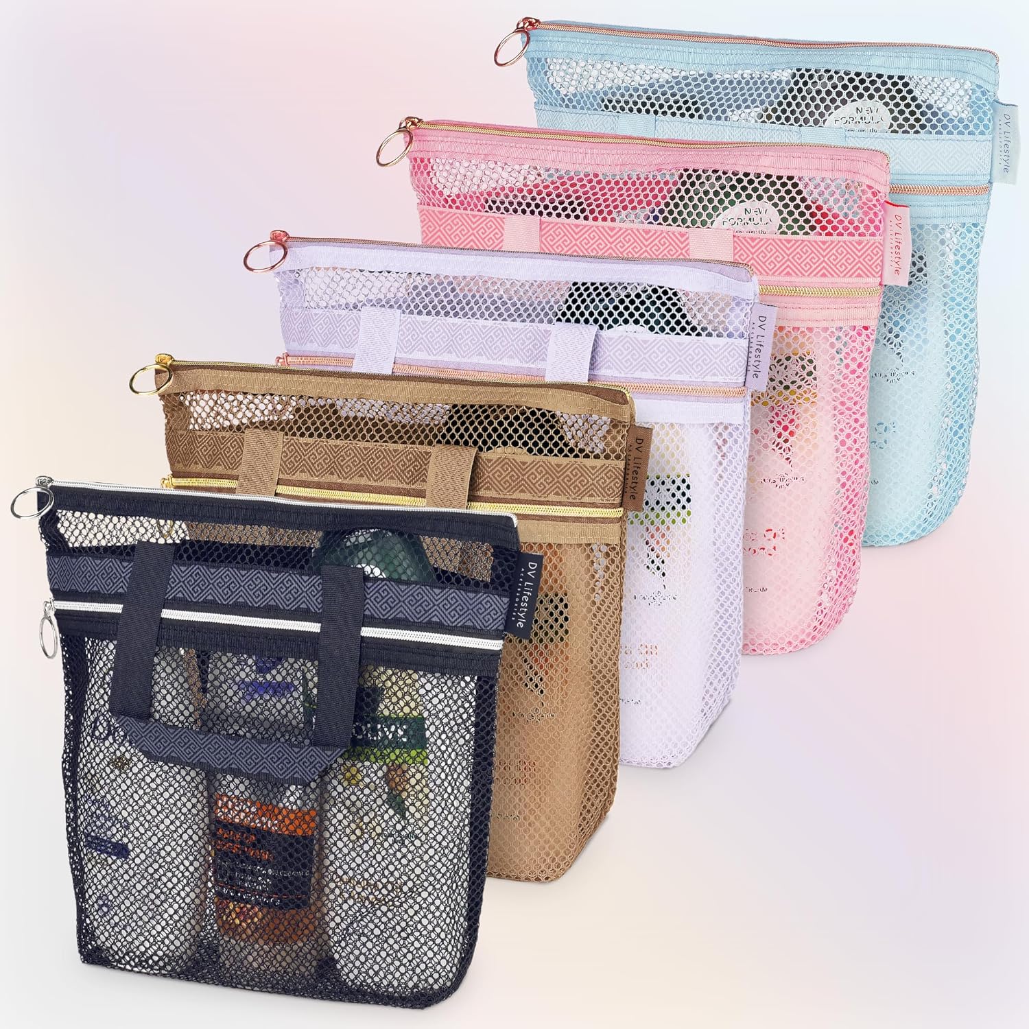 DV Lifestyle Quick-Dry Mesh Shower Bag with Zipper 2 Pockets Pink