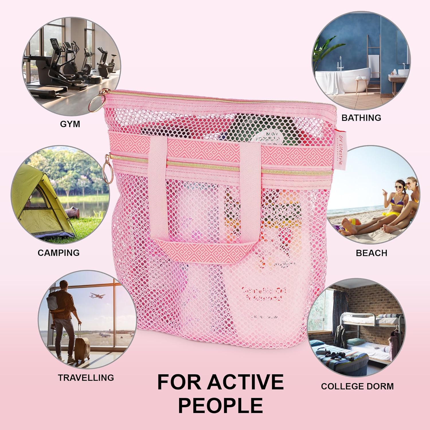 DV Lifestyle Quick-Dry Mesh Shower Bag with Zipper 2 Pockets Pink
