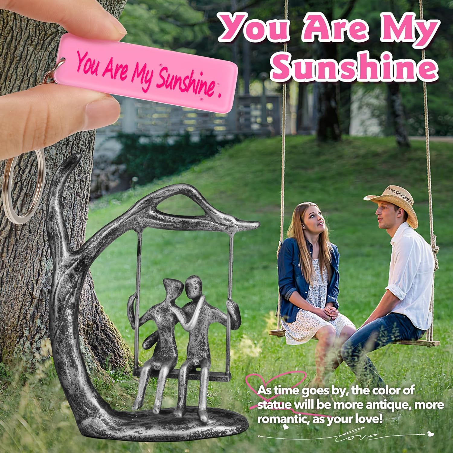 Romantic Couple Statue with Silver Finish Iron Sculpture Pink Love Keepsake Gift Set
