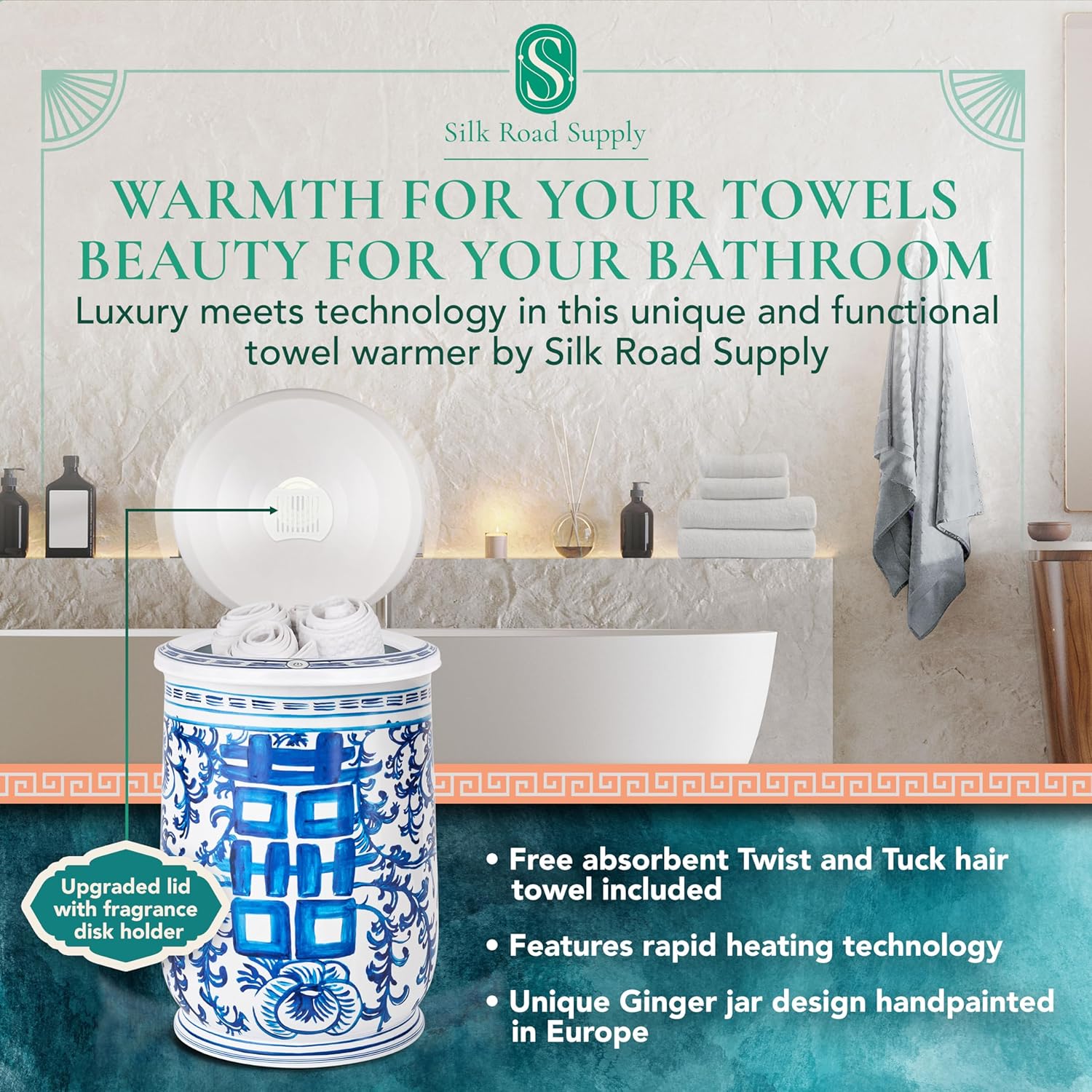 Silk Road Supply Large Towel Warmer with Grey Towel and Fragrance Disk