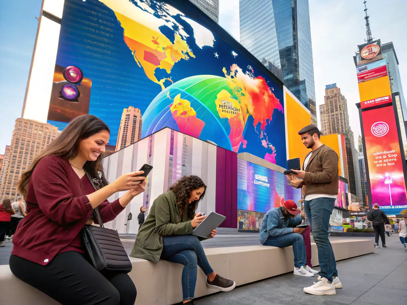 A vibrant image showcasing a diverse group of people interacting positively with a mobile advertisement, set against a modern, urban backdrop, symbolizing broad audience engagement.