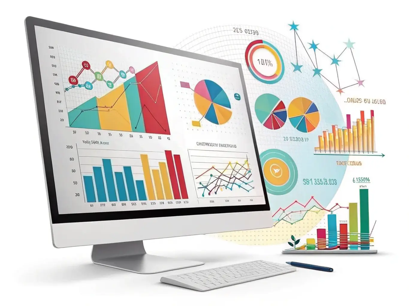 A dynamic image featuring data visualizations and creative elements merging seamlessly, illustrating the integration of data-driven insights with creative advertising strategies.