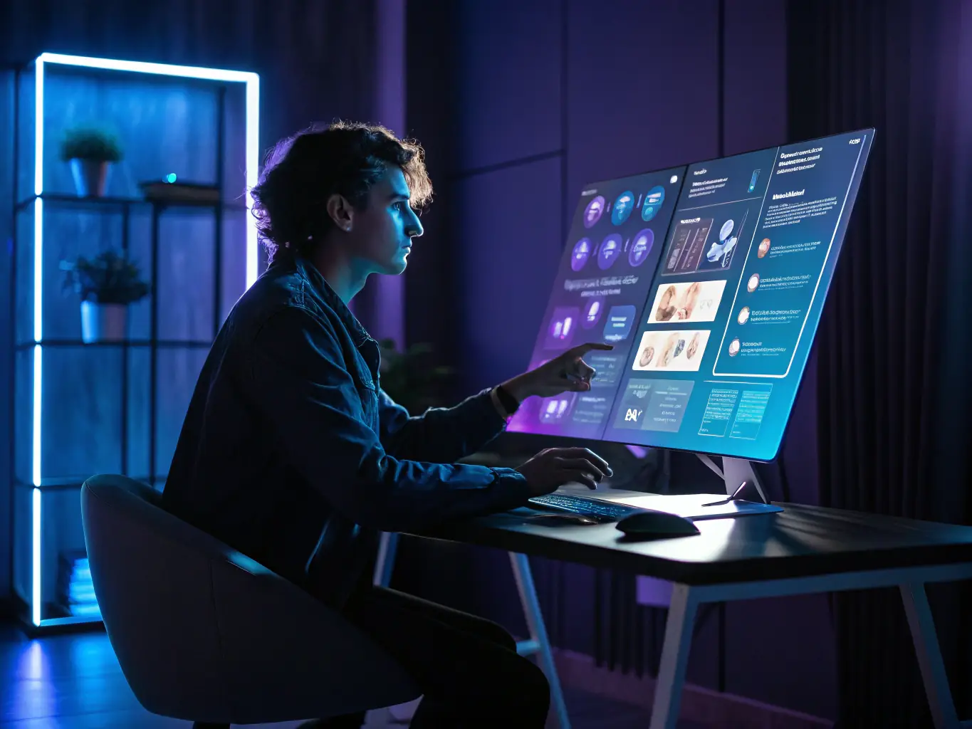 An image depicting a person fully immersed and focused while interacting with a digital interface, representing a state of flow and deep engagement.